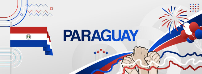 Paraguay independence day banner with country flag. Modern abstract art for various purposes such as national holiday greeting cards, sports and music event posters, web headers. Horizontal design