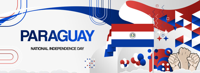 Paraguay independence day banner with country flag. Modern abstract art for various purposes such as national holiday greeting cards, sports and music event posters, web headers. Horizontal design