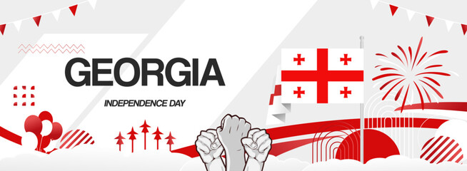 Georgia independence day banner with country flag. Modern background for various purposes such as national holiday greeting cards, sports and music event posters, web headers. Horizontal templates