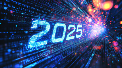 Abstract blue glowing digital 2025 numbers with programing computer codes data flow very high speed, future technology digital data