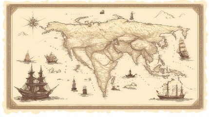 Vintage World Map with Sailing Ships.