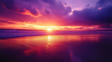 Inspirational quote on a sunset beach with vivid orange and purple colors for a peaceful vibe.