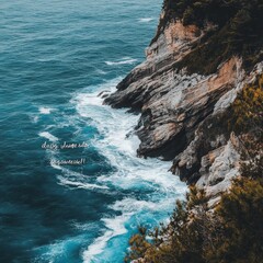 Obraz premium Inspirational quote over a scenic coastal cliff with waves crashing, creating a dramatic and energizing Facebook background.