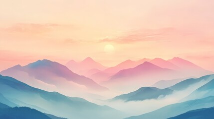 Inspirational quote over a sunrise mountain range with soft pastel hues and misty clouds for a calming atmosphere.