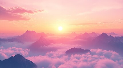 Inspirational quote over a sunrise mountain range with soft pastel hues and misty clouds for a calming atmosphere.