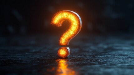 Glowing question mark on dark surface, illuminated mystery concept