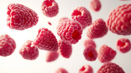 A close-up of red raspberries in the air