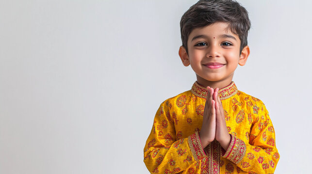 Pranam gesture by little indian boy isolated on white background