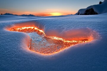 Icy winter landscape at sunset, with snow covering the ground, the last light of the day reflecting off the snow, and a chilly breeze in the air