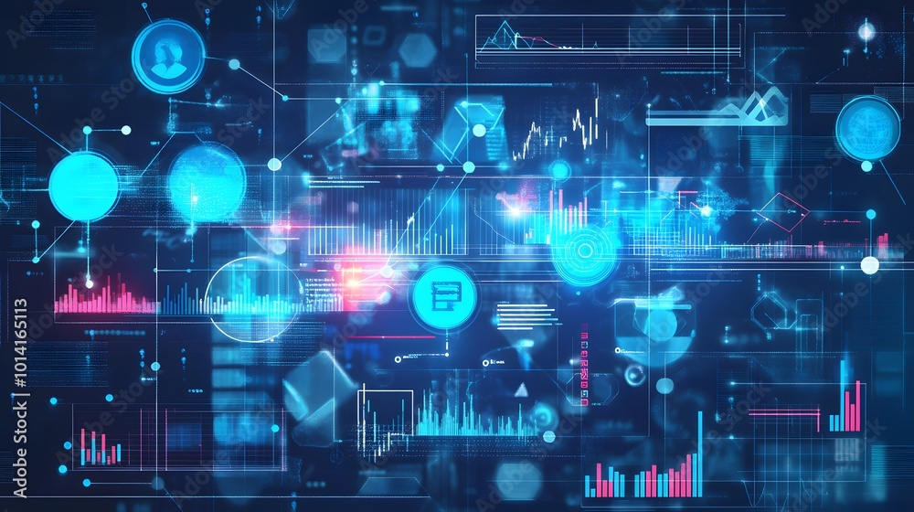 Poster abstract digital interface with data visualizations and graphs