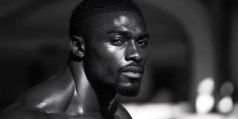 black and white portrait of a handsome man looking away