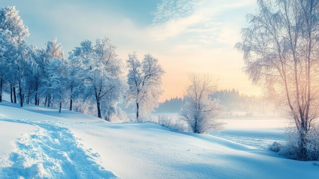 A snowy landscape with a river and trees