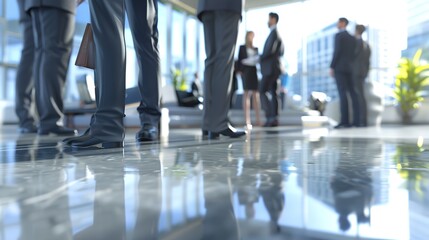 Obraz premium A close-up of a diverse group of professionals in business attire standing in a modern office lobby. diverse,multicultural,inclusive,equitable,expertise,skill, DEIB