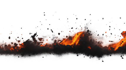 A black and white image of a fiery explosion with rocks flying everywhere
