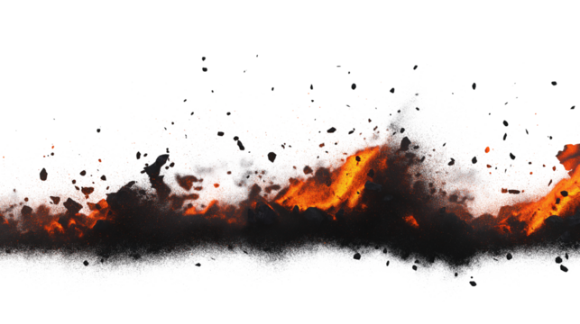 A black and white image of a fiery explosion with rocks flying everywhere