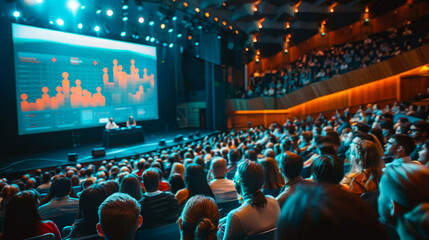 People looking at a screen in a large venue.