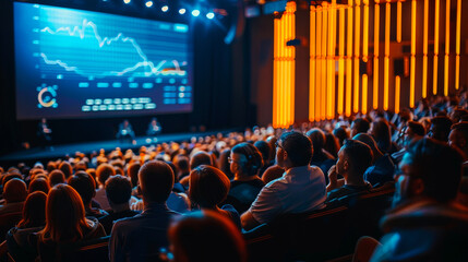 People looking at a screen in a large venue.