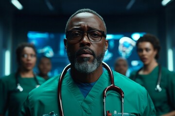 Realistic depiction of a healthcare team debating utilitarian ethics during a crisis, deciding how to allocate limited resources