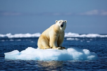 Realistic depiction of a polar bear stranded on a melting ice floe, with the vast, empty ocean surrounding it, symbolizing the impact of global warming on wildlife
