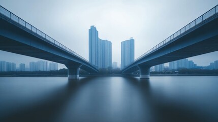 Obraz premium Bridge spanning a tranquil river, minimalist skyline enhancing serene landscape, inviting reflection and simplicity in design