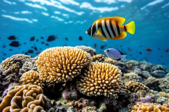 Realistic image of a coral reef dying, with bleached coral and fish swimming in a lifeless ocean, showing the impact of global warming on marine ecosystems