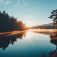 Fototapeta premium Nature-inspired quote with a background of a tranquil lake at sunrise, creating a reflective and peaceful Facebook post.