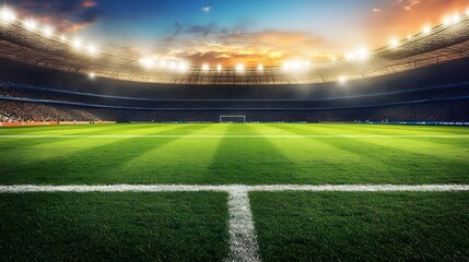 A panoramic view of an empty soccer stadium at night, with spotlights illuminating the green field and the stands, ready for a thrilling game.