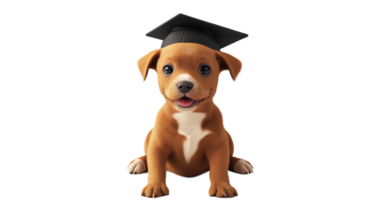 A dog wearing a graduation cap and gown