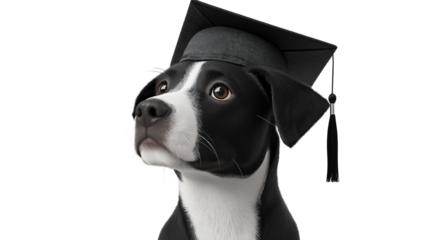 A dog wearing a graduation cap and gown