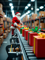 Obraz premium Santa Claus ordering Christmas gifts, in a warehouse of a large online store. 