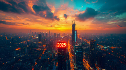 Fototapeta premium Vibrant Cityscape at Sunset with 2025 Foreground