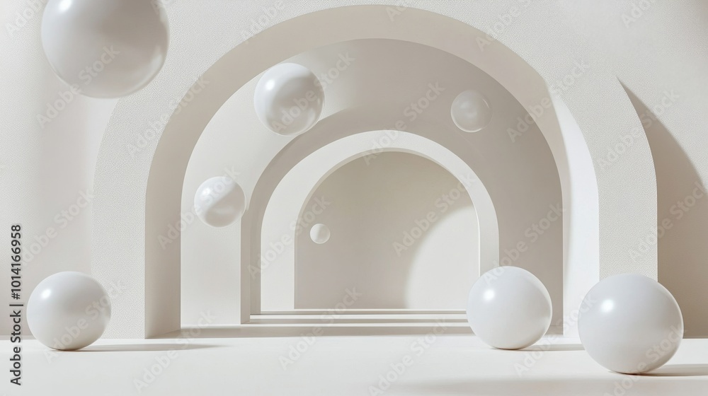 Poster Abstract white arches with floating spheres in minimalistic space, modern architectural concept