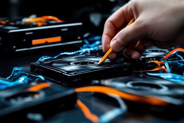 Naklejka premium Realistic scene of a person rewinding a cassette tape with a pencil, surrounded by tapes and a cassette player, recalling the challenges of analog music