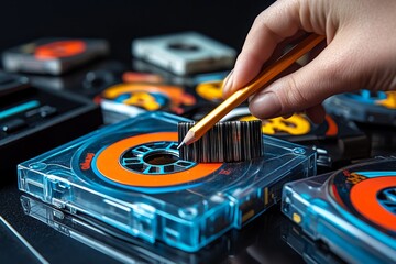 Naklejka premium Realistic scene of a person rewinding a cassette tape with a pencil, surrounded by tapes and a cassette player, recalling the challenges of analog music