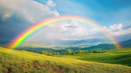 A rainbow is seen in the sky above a green field
