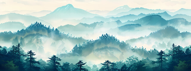 A serene, misty mountain landscape, featuring layered hills and dense evergreen trees under a soft, pastel sky.