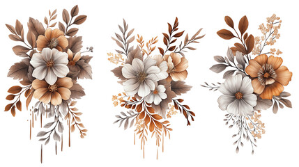 Three flower arrangements with brown and white colors