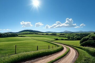 Fototapeta premium Watercolor landscape of a sunny day, with gentle tones capturing the warmth and clear skies over a green field