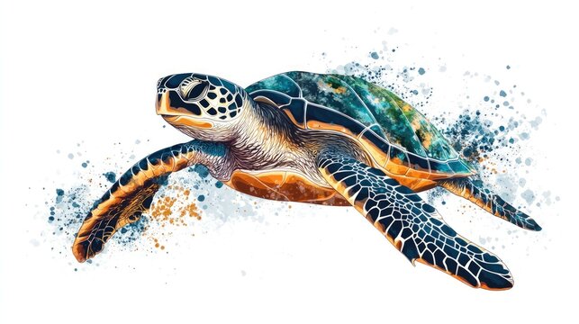 A realistic watercolor illustration of a sea turtle swimming in the ocean with a colorful splash effect.