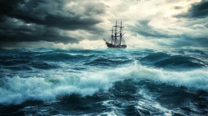 Obraz premium Quote over a stormy ocean with a ship in the distance, symbolizing courage and resilience.