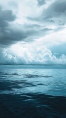 Serene Waterscape with Approaching Storm, tranquil sea under a vast sky, minimalist elegance, soft hues blending into dark clouds