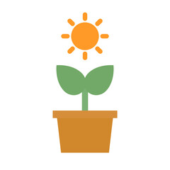 Sun and potted plant icon. Photosynthesis icon. Vector.