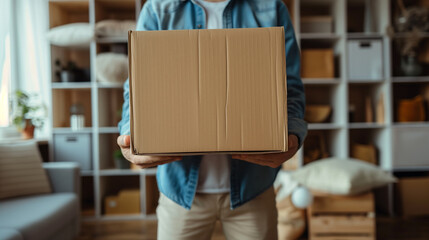Person holding cardboard box in a home environment representing moving or delivery