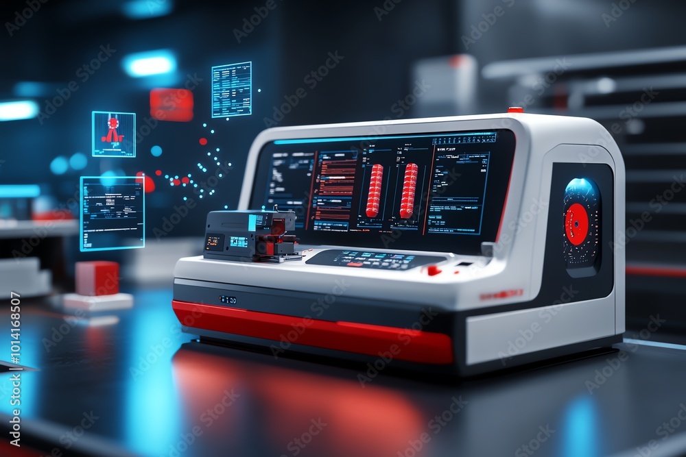 Aufkleber 3d-rendered quality control inspection room, with detailed equipment and floating screens displaying