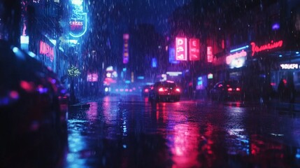 Obraz premium A city street with cars and a person walking in the rain