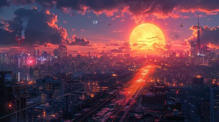 Fototapeta premium Sunset Cityscape with a Large Sun