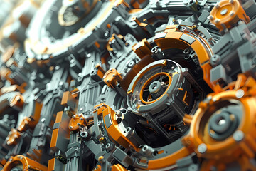 Fototapeta premium Intricate close-up of a futuristic mechanical design, showcasing a blend of gray and orange components in a dynamic arrangement.