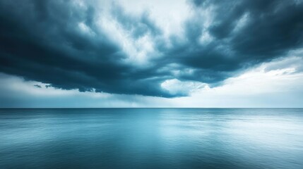 Serene Ocean Horizon with Approaching Storm, tranquil waters meet dark clouds, minimalist artistry evokes calm before the tempest