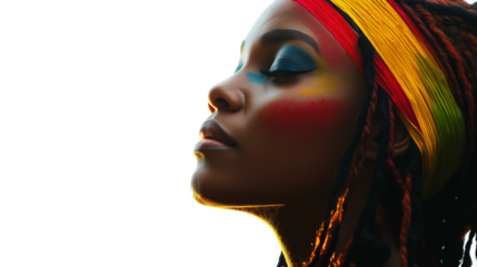 A woman with colorful makeup and a colorful headband