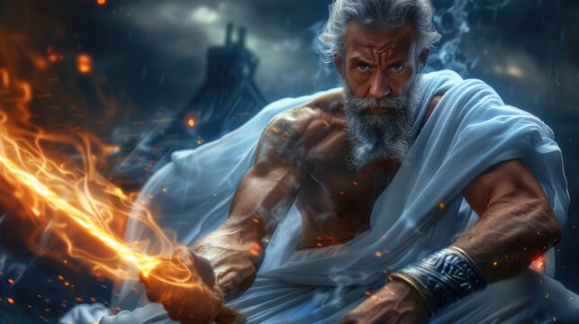 Supreme Deity: Zeus, Greek god of heavens, thunder and lightning, ruler of cosmos, chief of Olympian gods, equated with Jupiter in Roman mythology, embodying ultimate power, dominion over the world. - Powered by Adobe